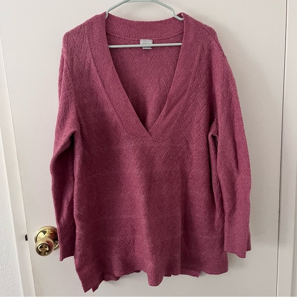 Chico’s 3 Herringbone V-Neck Tunic Knit Sweater Rose Pink XL - Picture 1 of 11